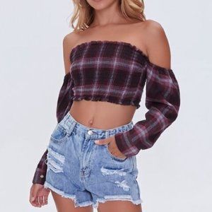 Plaid Off-the-Shoulder Crop Top Flannel Burgundy Medium NWT Fall Top